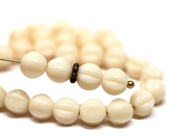 6mm Beige melon shape czech glass beads, Cream ivory round beads spacers carved beads 30pc - 2996