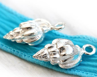 Silver shell charms,Greek metal casting, 3D seashell beads, nautical beach jewelry charm 2pc - F025