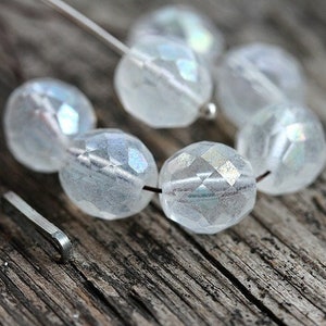 10mm Crystal clear beads Matte clear Czech glass AB finish fire polished round faceted beads - 10Pc - 3048