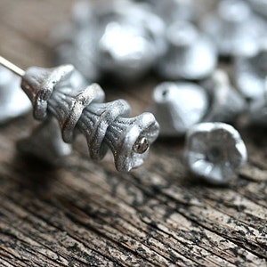 Silver Flower Cups, Silver czech glass beads, Matte silver small flowers, bell beads, 7x5mm - 25Pc - 0984