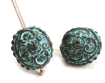 15mm Metal Disk beads Green patina Copper lentil bead Ornament round Greek bead Lead Free 2Pc - F338