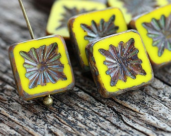 8pc Yellow Square beads, Czech glass beads, picasso finish, table cut, carved squares - 10mm - 8Pc - 2791