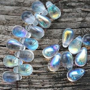 Crystal clear czech glass teardrops AB finish drop pressed beads 6x9mm - 30pc - 1508