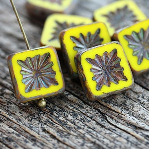 8pc Yellow Square beads, Czech glass beads, picasso finish, table cut, carved squares - 10mm - 8Pc - 2791