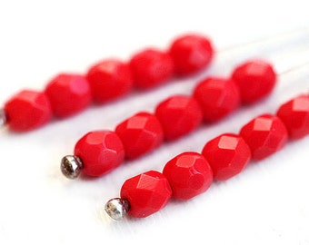 4mm Red czech glass beads Opaque Light Red fire polished faceted round spacers - 50Pc - 1602