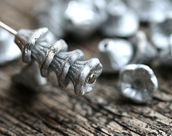 Silver Flower Cups, Silver czech glass beads, Matte silver small flowers, bell beads, 7x5mm - 25Pc - 0984