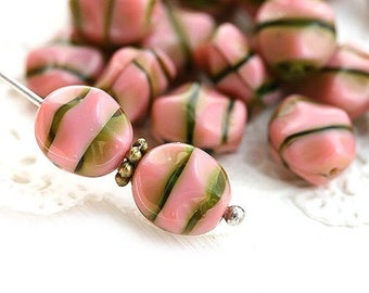 Pink oval Czech glass beads Pink green wavy pressed beads 9x8mm - 15pc - 2658