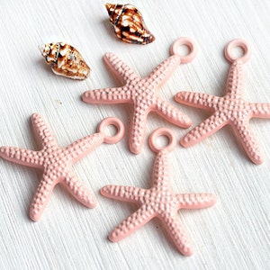 Pink Starfish Charms Painted Metal Casting Starfish pendant beads, 4pc Sea star charms nautical, beach jewelry making - F454