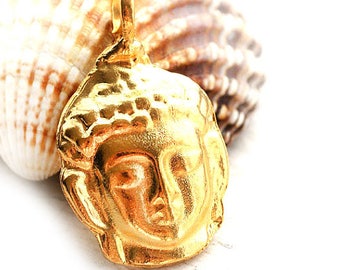 Gold Buddha Face Pendant: Buddhist Yoga Jewelry (37x23mm)