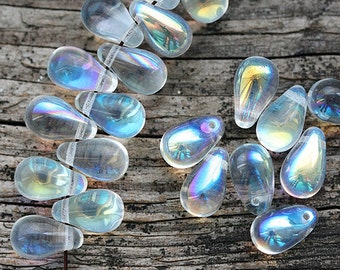 Crystal clear czech glass teardrops AB finish drop pressed beads 6x9mm - 30pc - 1508