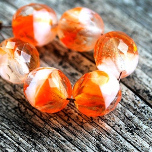 12mm Orange glass beads Czech glass Orange White beads Fire polished large round ball beads - 4Pc - 1078