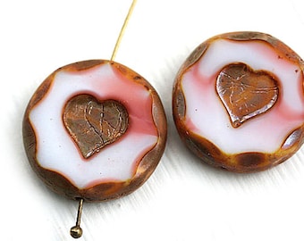 Pink Heart czech glass beads pair White Pink heart pendant beads 21mm large picasso beads table cut - 1341