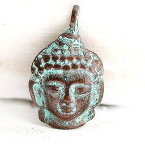 Green Patina Copper Buddha Face Pendant: Yoga Tibetan Charm
