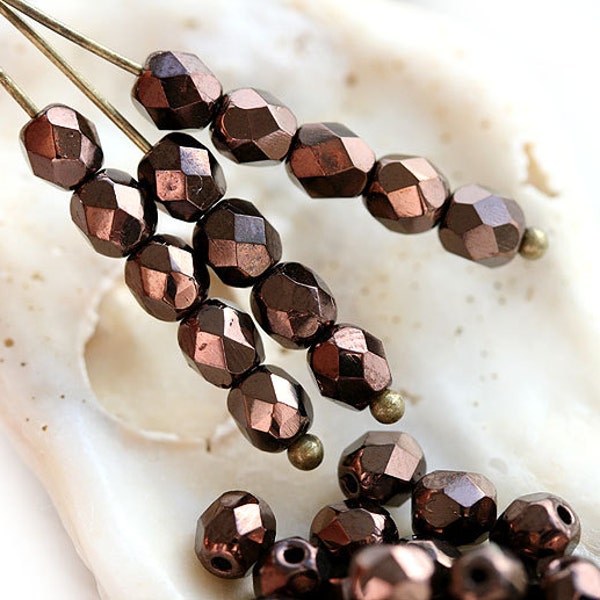 4mm glass beads, Dark chocolate Brown, bronze, Fire polished czech spacers - 50Pc - 2502