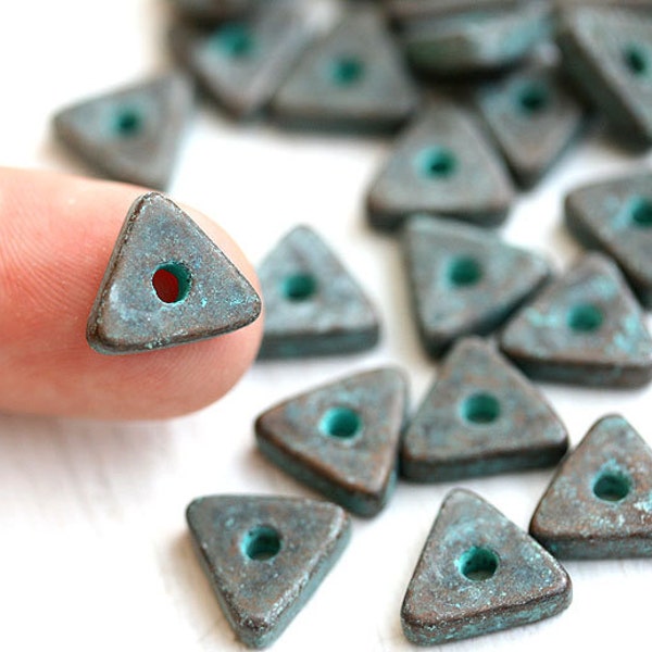 Green patina ceramic triangle beads Verdigris patina metalized spacers 10mm washer - 10pc - 0713