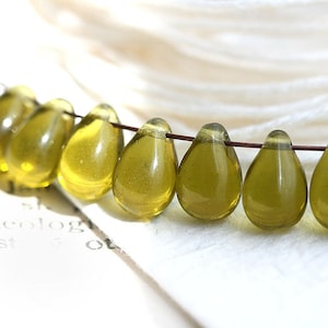 40pc Olive green teardrops, Olivine Czech Glass pressed beads, green drops 6x9mm - 4009