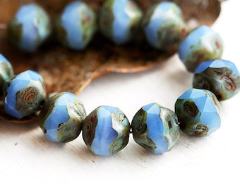 Milky Cornflower Blue czech beads, picasso round cut fire polished beads, nugget - 9mm - 12Pc - 1589