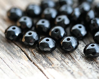 5x7mm Black czech glass rondelle beads, Jet black gemstone cut fire polished faceted rondel beads 25pc - 1580