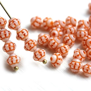 90pc Orange white fancy bicone beads, Czech pressed glass spacers, 6mm bicones - 0334