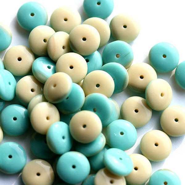 9mm Rondelle glass beads, Turquoise Green Beige czech republic beads, Mint spacers rondels - 25Pc - 0091