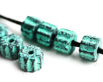 Green patina rondelle ceramic beads Wheel washers greek ceramic round bead spacers 6x9mm for leather cord 8pc - 2725