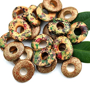 Cornflake rondelle beads Brown Golden mix Earthy colored greek Ceramic beads, donut rondel washer, 10mm - 20pc - 2772