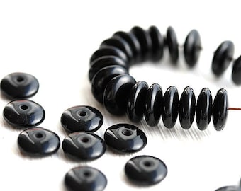 7mm Black rondelle beads czech glass Jet Black rondel spacers pressed beads 50pc - 2191