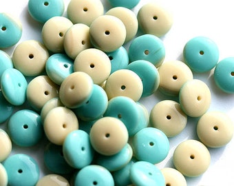 9mm Rondelle glass beads, Turquoise Green Beige czech republic beads, Mint spacers rondels - 25Pc - 0091