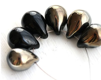 Black gold teardrop beads, large briolettes - Jet Black, Golden Luster, czech glass large drops 10x14mm - 6Pc - 0358