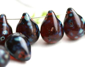 10x14mm Dark topaz teardrops, Dark brown picasso czech glass drops, Large glass Briolettes - 6Pc - 2314