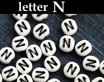 Glass .Alphabet Beads - letter N - white with black inlay, czech Letter beads, personalized, 6mm - 25pc - 2453