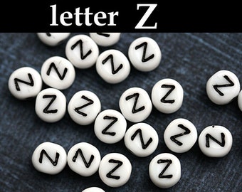 Perles de lettres, Perles alphabet - lettre Z - blanc avec incrustation noire, verre tchèque, perles personnalisées, 6mm - 25pc - 2450