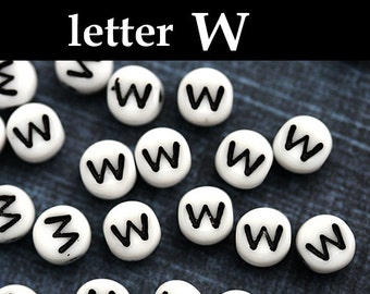 Letter Alphabet Beads - letter W - white with black inlay, czech glass, personalized beads, 6mm - 25pc - 2445