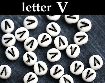 Glass Alphabet Beads - letter V - white with black inlay, czech glass Letter beads, personalized, 6mm - 25pc - 2459