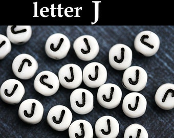 Letter beads, Alphabet Beads - letter J - white with black inlay, czech glass, personalized beads, 6mm - 25pc - 2446