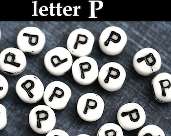 Glass Letter beads, Alphabet Beads - letter P - white with black inlay, czech glass, personalized beads, 6mm - 25pc - 2449