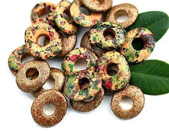 Cornflake rondelle beads Brown Golden mix Earthy colored greek Ceramic beads, donut rondel washer, 10mm - 20pc - 2772