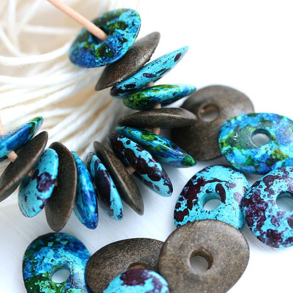 Rondelle Beads mix Blue Old Patina Teal greek Ceramic Cornflake beads Donut rondels for leather cord washer 16mm 12pc - 2321