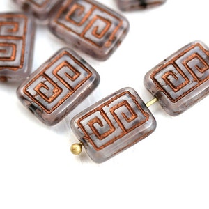 Opal Amethyst Czech Glass Beads: Copper Greek Key Inlay (8pc, 12x9mm)
