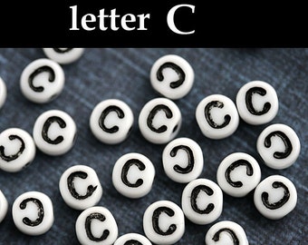 Letter beads, Alphabet Beads - letter C - white with black inlay, czech glass, personalized beads, 6mm - 25pc - 2444