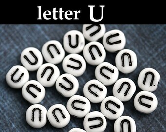 Letter beads, Alphabet Beads - letter U - white with black inlay, czech glass, personalized beads, 6mm - 25pc - 2451