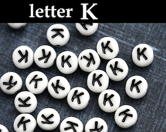 Glass Alphabet Beads - letter K - white with black inlay, czech glass, personalized beads, 6mm - 25pc - 2440