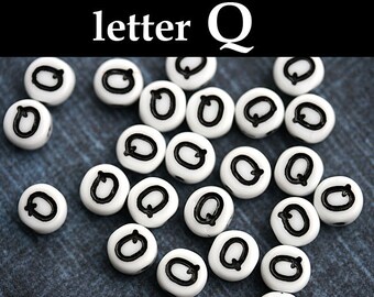 Alphabet Beads - letter Q - white with black inlay, czech glass Letter beads, personalized, 6mm - 25pc - 2454