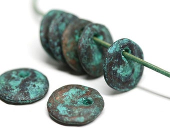 12mm Cornflake round rustic charms, green patina on copper, flat top drilled circle beads 5Pc - F141