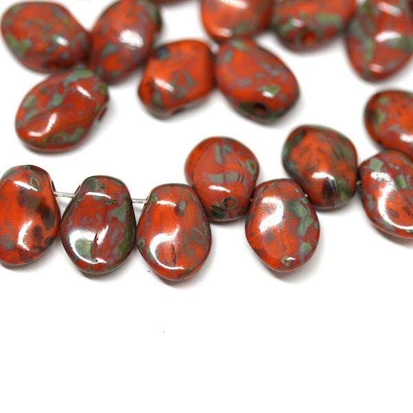 Orange petal drop beads 6x8mm Picasso Czech glass flower petals Orange brown top drilled teardrop 30Pc - 1070