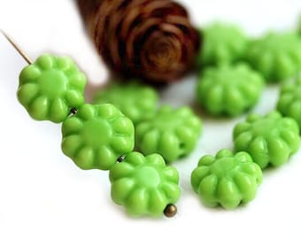 Opaque Green Czech Glass Flower Beads 9mm (20Pc)