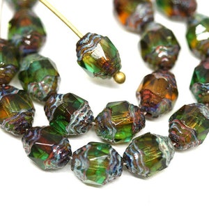 8x6mm Green Brown cathedral beads Picasso czech glass barrel beads Fire polished 15Pc - 1304