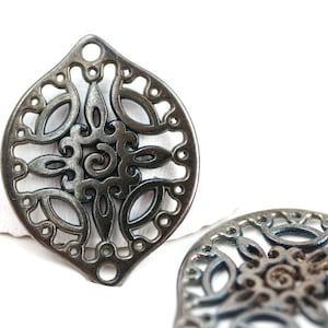 2pc Gunmetal Black Filigree charms, Large Oval Black metal pendant Drop beads, Openwork connector, Greek metal casting - F532