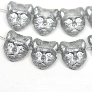 Gray Cat beads Silver wash czech glass beads Side drilled Silver cat Feline Kitty 8pc 0920 image 1