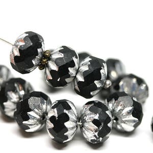Black Silver Czech Glass Rondelle Beads: 7x10mm Fire Polished Spacers (8Pc)
